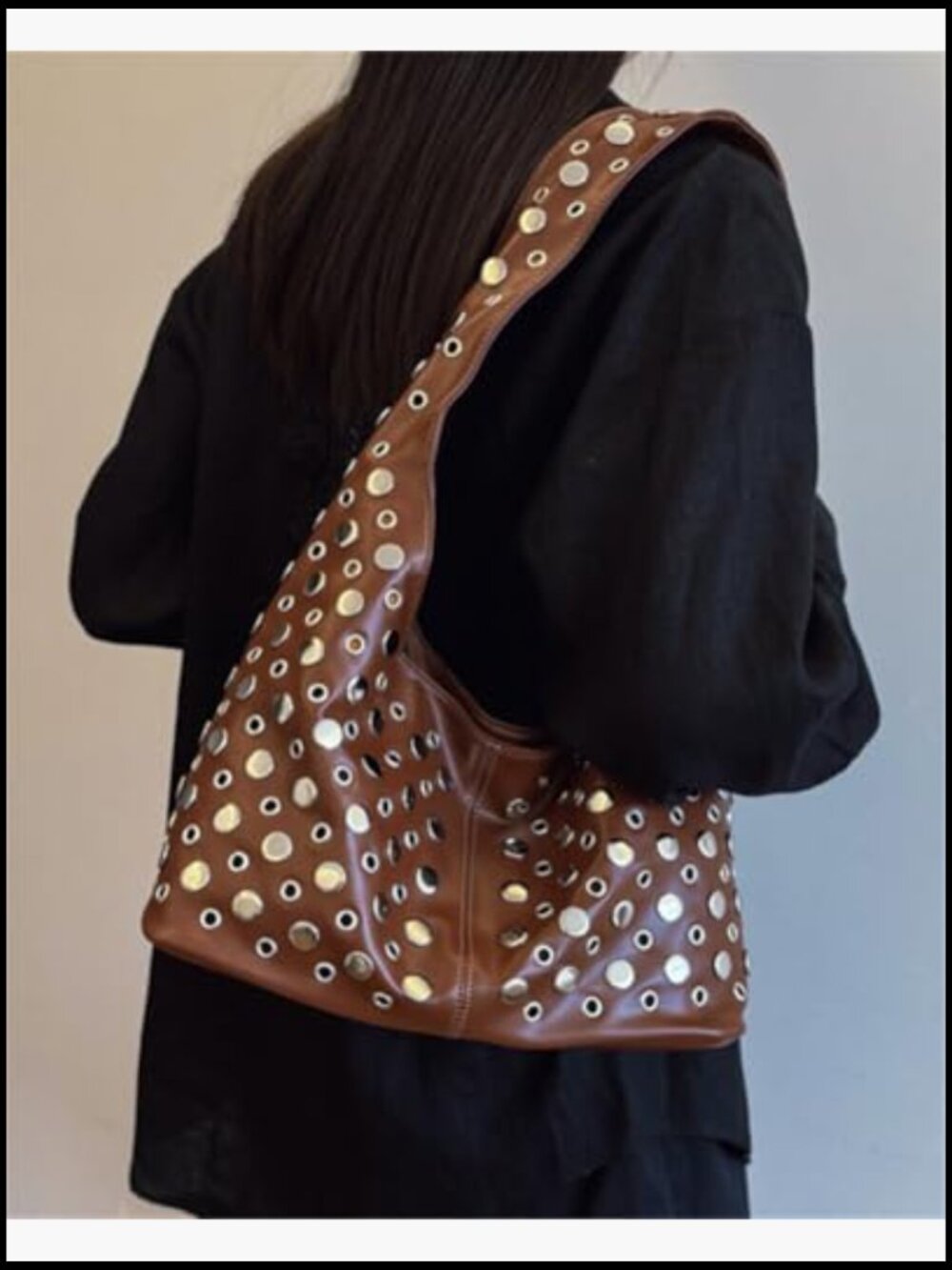 Studded Shoulder Bag Slouchy Hobo Handbag Faux Leather Satchel Purse Trendy - Picture 2 of 7